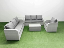 Rackhams 7 Seater Poly Rattan Outdoor Garden Furniture Sofa Set Patio 3 Seater Sofa Reclining Chair 3 Seater Sofa Side Table Light Grey - thumbnail 2