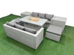 Rackhams 8 Seat PE Rattan Lounge Sofa Set Outdoor Garden Furniture Set with Fire Pit Dining Table 3 Seater Sofa 2 Stools 2 Side Tables Light Grey - thumbnail 2