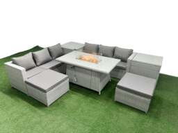 Rackhams 8 Seat PE Rattan Lounge Sofa Set Outdoor Garden Furniture Set with Fire Pit Dining Table 3 Seater Sofa 2 Stools 2 Side Tables Light Grey - thumbnail 1
