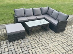 Rackhams Rattan Corner Sofa Garden Furniture Set with Big Footstool Rectangular Coffee Table with Cushion Dark Grey Mixed - thumbnail 1