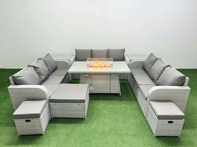 Rackhams PE Rattan Lounge Sofa Set 12 Seater Outdoor Garden Furniture Set with Fire Pit Dining Table 3 Seater Sofa 3 Stools 2 Side Table Light Grey - image 1