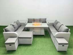 Rackhams PE Rattan Lounge Sofa Set 12 Seater Outdoor Garden Furniture Set with Fire Pit Dining Table 3 Seater Sofa 3 Stools 2 Side Table Light Grey - thumbnail 1
