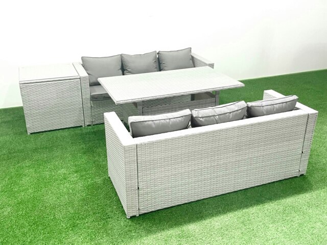 Rackhams Rattan Garden Furniture Set 6 Seater Outdoor Sofa Set with Dining Table Side Table Light Grey Mixed - image 1