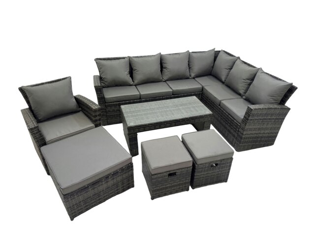 Rackhams Rattan Garden Furniture Set 7 Pieces Outdoor Garden Sofa Oblong Coffee Table Set with Chair 3 Footstools Dark Grey Mixed - image 1