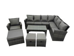 Rackhams Rattan Garden Furniture Set 7 Pieces Outdoor Garden Sofa Oblong Coffee Table Set with Chair 3 Footstools Dark Grey Mixed - thumbnail 2