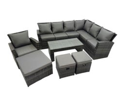Rackhams Rattan Garden Furniture Set 7 Pieces Outdoor Garden Sofa Oblong Coffee Table Set with Chair 3 Footstools Dark Grey Mixed - thumbnail 1