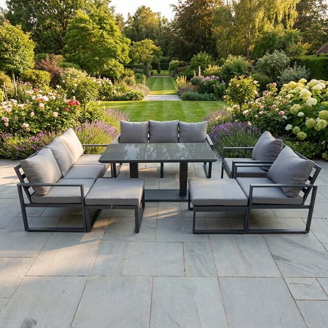Rackhams 10 Seater Aluminium Garden Furniture Set with Rising Dining Table, 2 Sofas, 2 Chairs, 2 Footstools - Dark Grey - image 1