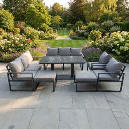 Rackhams 10 Seater Aluminium Garden Furniture Set with Rising Dining Table, 2 Sofas, 2 Chairs, 2 Footstools - Dark Grey - thumbnail 1