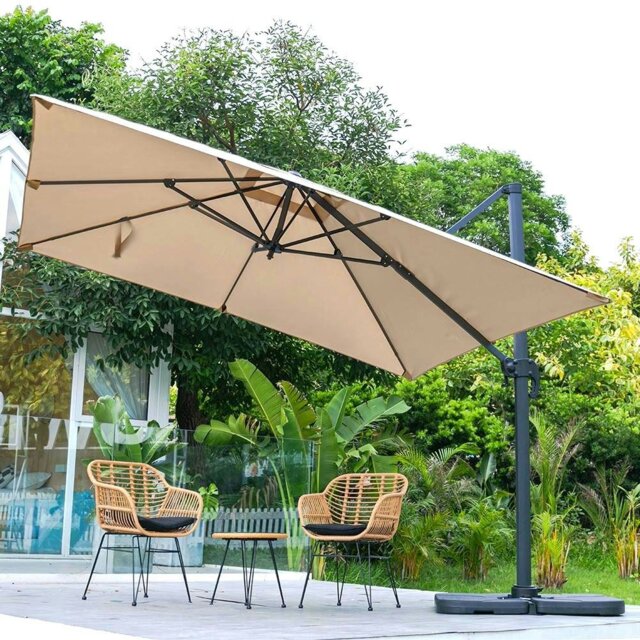 Rackhams 3 x 3 M Taupe Square Cantilever Parasol Outdoor Hanging Umbrella for Garden and Patio - Parasol + Cross Base + Petal Water Tank - image 1