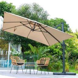 Rackhams 3 x 3 M Taupe Square Cantilever Parasol Outdoor Hanging Umbrella for Garden and Patio - Parasol + Cross Base + Petal Water Tank - thumbnail 1
