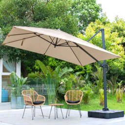Rackhams 3 x 3 M Taupe Square Cantilever Parasol Outdoor Hanging Umbrella for Garden and Patio - Parasol + Cross Base + Petal Water Tank - thumbnail 3