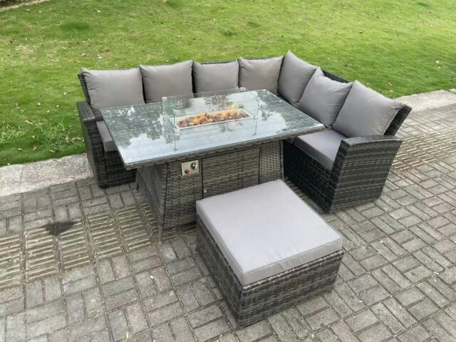 Rackhams 7 Seater?Outdoor High Back Rattan Gas Fire Pit Corner Sofa Dining Set Garden Furniture Heater Dining Table Dark Grey Mixed Right Side - image 1