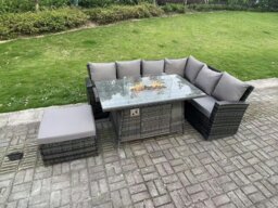 Rackhams 7 Seater?Outdoor High Back Rattan Gas Fire Pit Corner Sofa Dining Set Garden Furniture Heater Dining Table Dark Grey Mixed Right Side - thumbnail 2