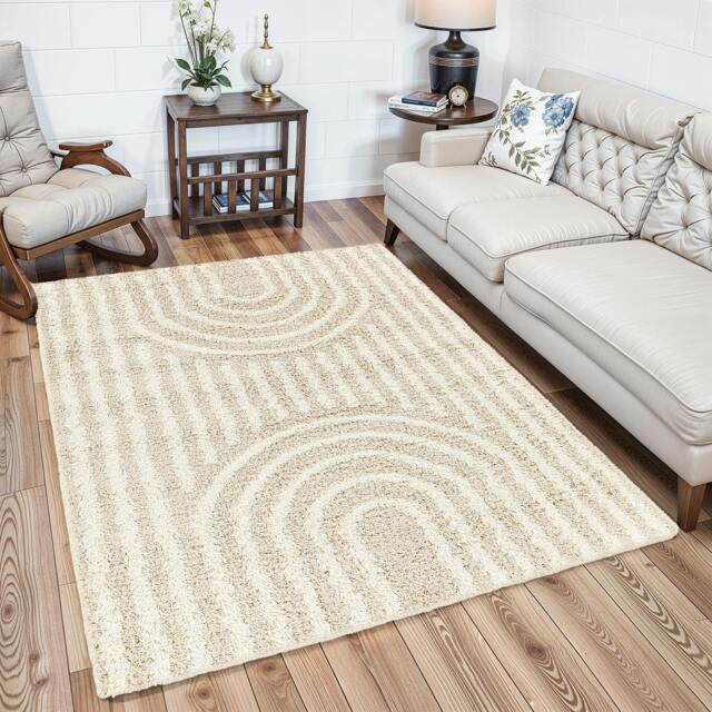 Rackhams Urban Shag-Modern Beige Ivory Cream Green Soft Plush Pile Rug - 130 x 170 cm - image 1