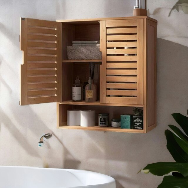 Rackhams Wooden Bathroom Wall Storage Cabinet Organiser Natural Brown - image 1