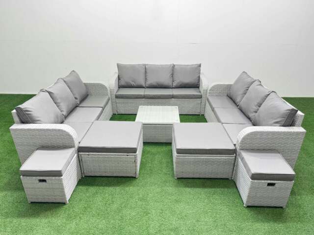 Rackhams 13 Seater Outdoor Garden Furniture Set PE Rattan Lounge Sofa Set with Coffee Table 3 Seater Sofa 4 Footstools Light Grey - image 1