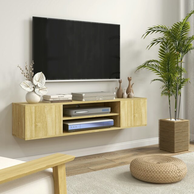 "Rackhams Floating TV Unit for 60"" TVs W/ Shelves and Cabinets, Grey - Natural wood finish"
