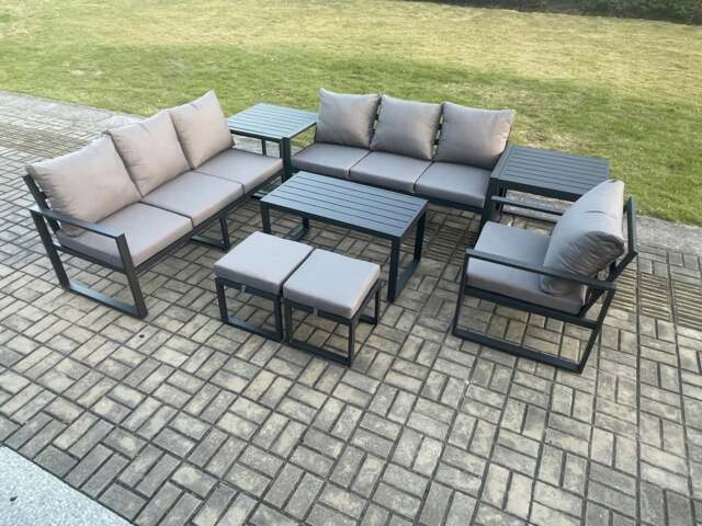 Rackhams Aluminium 9 Seater Garden Furniture Outdoor Patio Sofa Set with Rectangular Coffee Table Armchair 2 Small Footstool 2 Side Tables Dark Grey - image 1