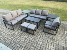 Rackhams Aluminium 9 Seater Garden Furniture Outdoor Patio Sofa Set with Rectangular Coffee Table Armchair 2 Small Footstool 2 Side Tables Dark Grey - thumbnail 1