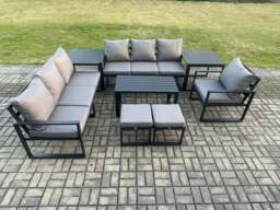 Rackhams Aluminium 9 Seater Garden Furniture Outdoor Patio Sofa Set with Rectangular Coffee Table Armchair 2 Small Footstool 2 Side Tables Dark Grey - thumbnail 2