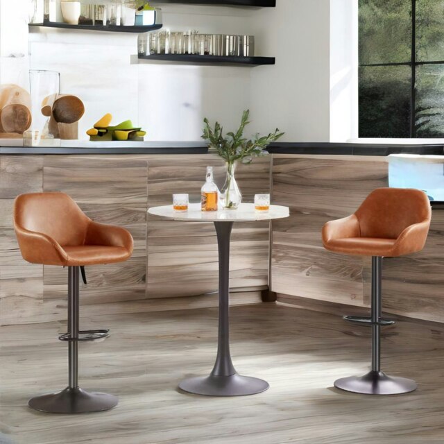 Rackhams 2PC Height Adjustable 360 Faux Leather Swivel Bar Stools Set Brown - image 1