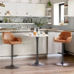 Rackhams 2PC Height Adjustable 360 Faux Leather Swivel Bar Stools Set Brown - thumbnail 2