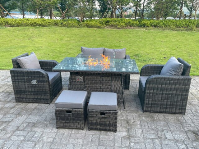 Rackhams 6-Seater Rattan Outdoor Gas Fire Pit Lounge Set - Reclining Chairs, 2-Seater Sofa, Footstools - Dark Grey - image 1