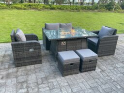 Rackhams 6-Seater Rattan Outdoor Gas Fire Pit Lounge Set - Reclining Chairs, 2-Seater Sofa, Footstools - Dark Grey - thumbnail 4
