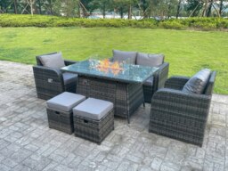 Rackhams 6-Seater Rattan Outdoor Gas Fire Pit Lounge Set - Reclining Chairs, 2-Seater Sofa, Footstools - Dark Grey - thumbnail 3