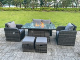 Rackhams 6-Seater Rattan Outdoor Gas Fire Pit Lounge Set - Reclining Chairs, 2-Seater Sofa, Footstools - Dark Grey