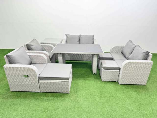 Rackhams 9 Pieces Outdoor PE Rattan Sofa Reclining Chair Set Patio Garden Furniture Sets with Cushions Side Table 3 Stools Light Grey - image 1