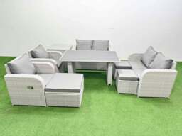 Rackhams 9 Pieces Outdoor PE Rattan Sofa Reclining Chair Set Patio Garden Furniture Sets with Cushions Side Table 3 Stools Light Grey