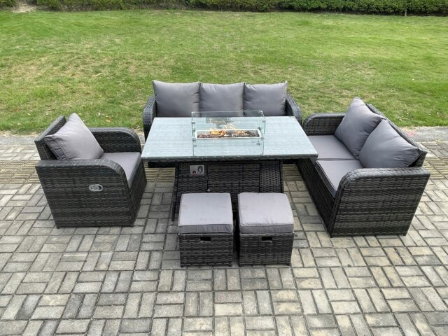 Rackhams Wicker Rattan Garden Furniture Set with Fire Pit Table 8 Seater Outdoor Lounge Sofa Set Dark Grey Mixed - image 1