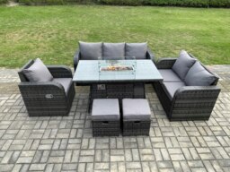 Rackhams Wicker Rattan Garden Furniture Set with Fire Pit Table 8 Seater Outdoor Lounge Sofa Set Dark Grey Mixed - thumbnail 1