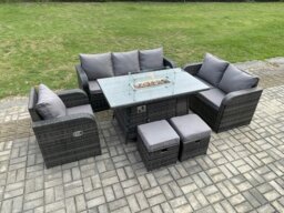Rackhams Wicker Rattan Garden Furniture Set with Fire Pit Table 8 Seater Outdoor Lounge Sofa Set Dark Grey Mixed - thumbnail 2