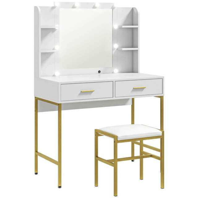 Rackhams Dressing Table with Lighted Mirror, Cushioned Stool, Drawers, Shelves, LED Makeup Vanity Desk Set, Modern Dresser Vanity Table for Bedroom, White - White - image 1