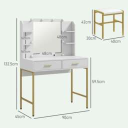 Rackhams Dressing Table with Lighted Mirror, Cushioned Stool, Drawers, Shelves, LED Makeup Vanity Desk Set, Modern Dresser Vanity Table for Bedroom, White - thumbnail 3