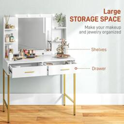 Rackhams Dressing Table with Lighted Mirror, Cushioned Stool, Drawers, Shelves, LED Makeup Vanity Desk Set, Modern Dresser Vanity Table for Bedroom, White - thumbnail 5