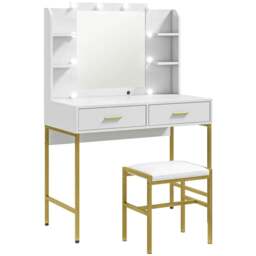 Rackhams Dressing Table with Lighted Mirror, Cushioned Stool, Drawers, Shelves, LED Makeup Vanity Desk Set, Modern Dresser Vanity Table for Bedroom, White - thumbnail 1