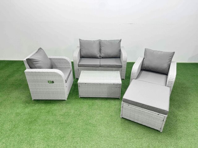 Rackhams Light Grey PE Wicker Rattan Garden Furniture Set Sofa Set Reclining Adjustable Chair Rectangular Coffee Table 5 Seater With Footstool - image 1