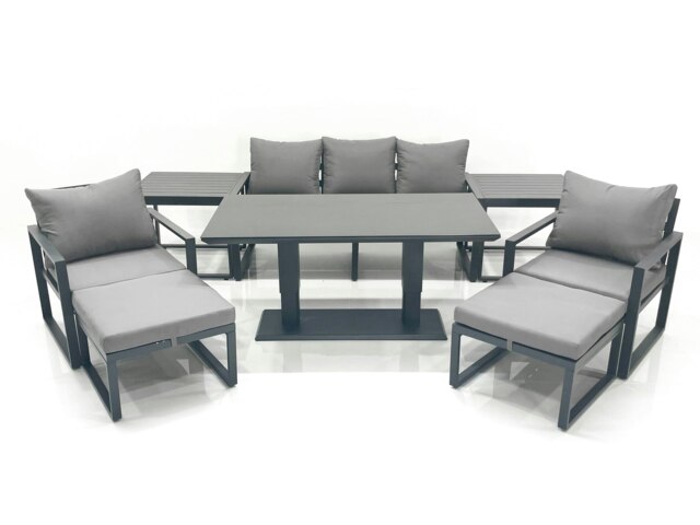 Rackhams Dark Grey Aluminium Outdoor Dining Set - Adjustable Lifting Table, 3-Seater Sofa, 2 Chairs, 2 Big Footstools & 2 Side Tables - image 1