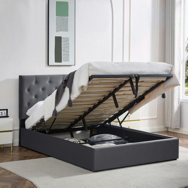 Rackhams Ottoman Storage Bed Frame, Bed Frame with Underbed Storage, Adjustable Headboard, Solid Wood Slats, Max Load 320KS - Double - Gray - Button - image 1
