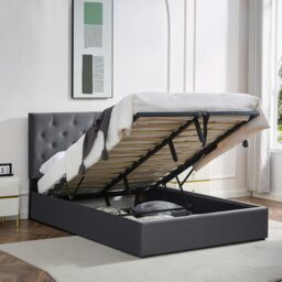 Rackhams Ottoman Storage Bed Frame, Bed Frame with Underbed Storage, Adjustable Headboard, Solid Wood Slats, Max Load 320KS - Double - Gray - Button