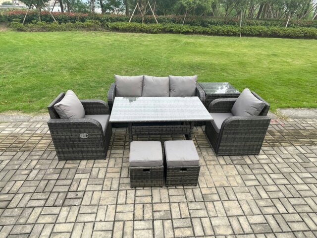Rackhams Wicker PE Rattan Garden Furniture Set Outdoor Rectangular Dining Table and Chair Sofa Set With Side Table 2 Small Footstools Dark Grey Mixed - image 1