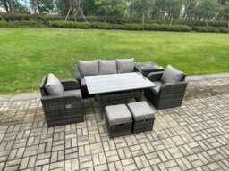 Rackhams Wicker PE Rattan Garden Furniture Set Outdoor Rectangular Dining Table and Chair Sofa Set With Side Table 2 Small Footstools Dark Grey Mixed - thumbnail 2