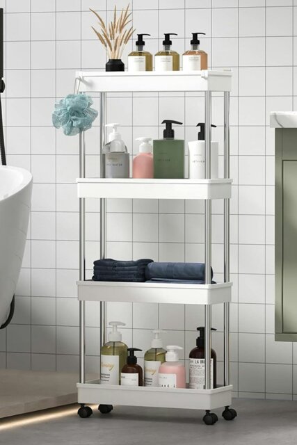 Rackhams Slim Standing 4-Tier Corner Storage Rack Shelf Plastic for Kitchen Bathroom - White - image 1