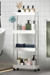 Rackhams Slim Standing 4-Tier Corner Storage Rack Shelf Plastic for Kitchen Bathroom - White - thumbnail 1