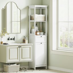 Rackhams Slim Bathroom Storage Unit with Tilt-Out Laundry Cabinet Drawer White - White - Tall Bathroom Cabinet - MDF - thumbnail 1