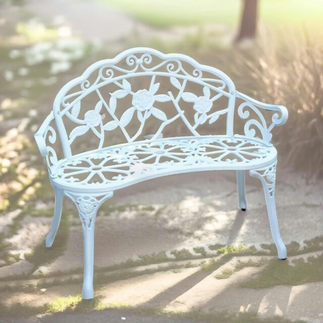 Rackhams Metal Garden Bench With Rose Petals Detail White - image 1