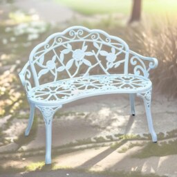 Rackhams Metal Garden Bench With Rose Petals Detail White - thumbnail 1